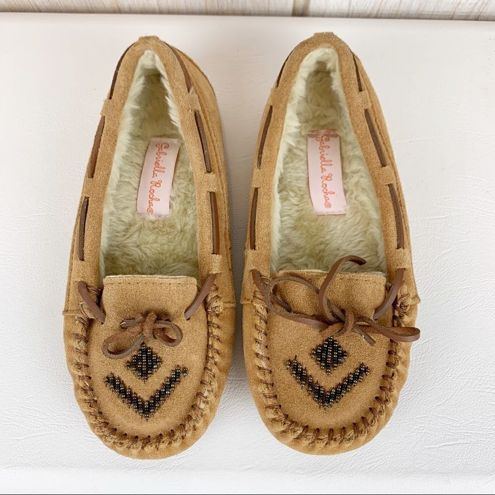 Gabriella Rocha Tan Suede Lined Beaded‎  Moccasins Sz 5 Trending Fur Lining